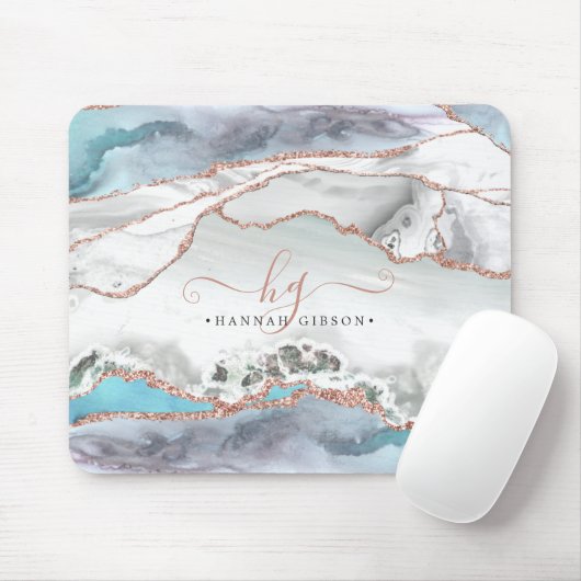 Marble Aquamarine Rose Gold Glitzer Script Monogra Mousepad (Mit Mouse)