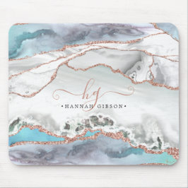 Marble Aquamarine Rose Gold Glitzer Script Monogra Mousepad