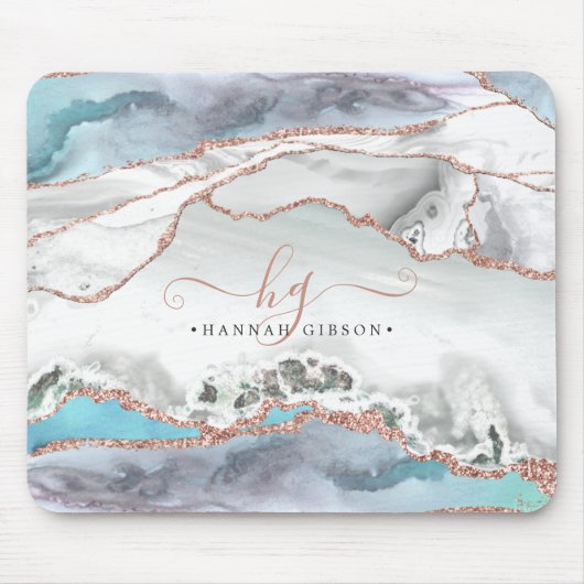 Marble Aquamarine Rose Gold Glitzer Script Monogra Mousepad (Vorne)