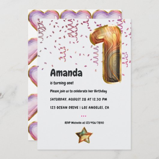Marble Balloon 1. Geburtstagsfeier Einladung (Vorne/Hinten)