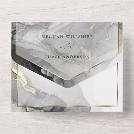 Marble Black Gold Alkohol Tinte Custom All In One Einladung (Rückseite)