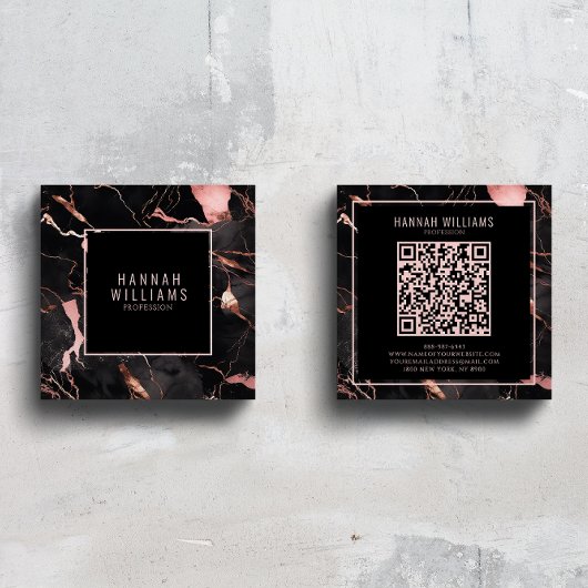 Marble Black Rose Gold QR Code Girly Trendy Quadratische Visitenkarte