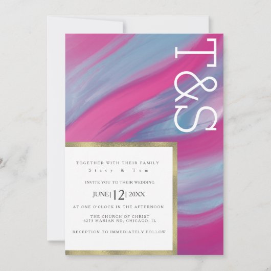 Marble Blue Pink Wash Typografy Wedding Einladung (Vorderseite)