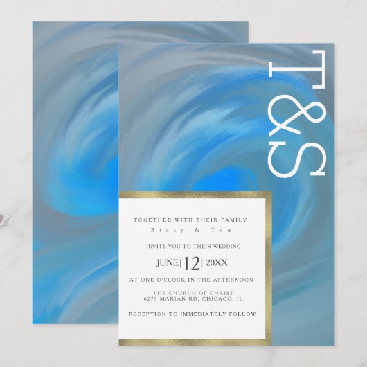 Marble Blue Wave Beach Typografy Wedding Einladung (Vorne/Hinten)