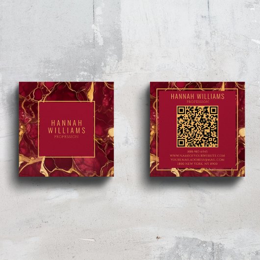 Marble Burgundy Gold Agate QR Code Bold Trendy Quadratische Visitenkarte
