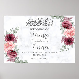 Marble Burgundy Rose Muslim Ismic Wedding Poster