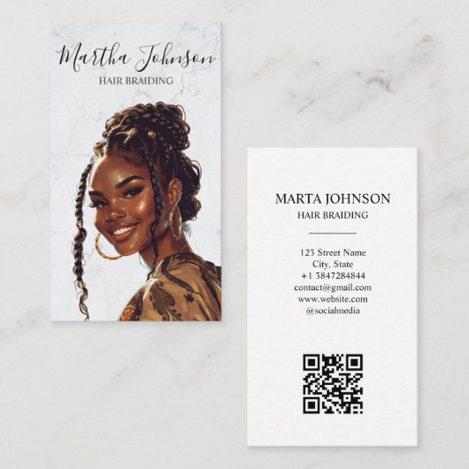Marble Chic Afro American Braids Braiding QR Code Visitenkarte (Vorne/Hinten)