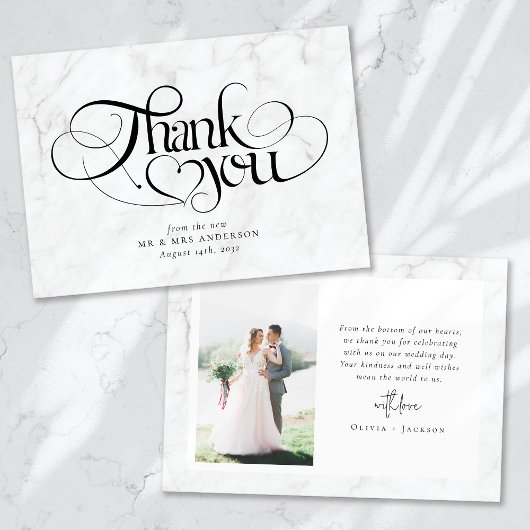 Marble Chic Calligraphy Script Foto Wedding Dankeskarte