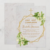 Marble des ersten Kommunion-Floral-Gold-Cross-Lili Einladung (Vorne/Hinten)