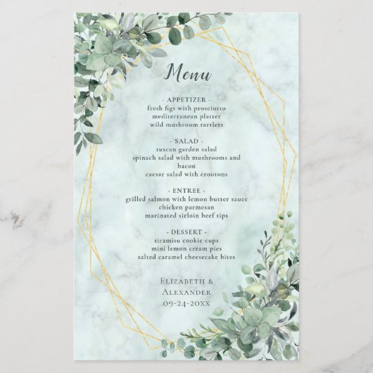 Marble Eucalyptus Greenery Elegante Wedding Menu (Vorderseite)