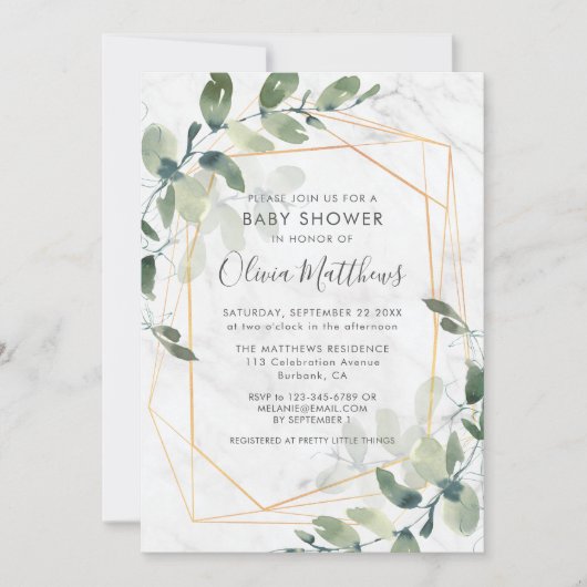 Marble Geometric Gold Eucalyptus Baby Dusche Einladung (Vorderseite)