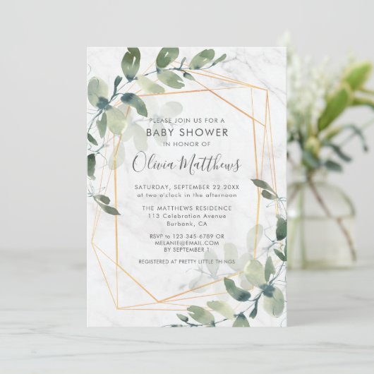Marble Geometric Gold Eucalyptus Baby Dusche Einladung (Stehend Vorderseite)