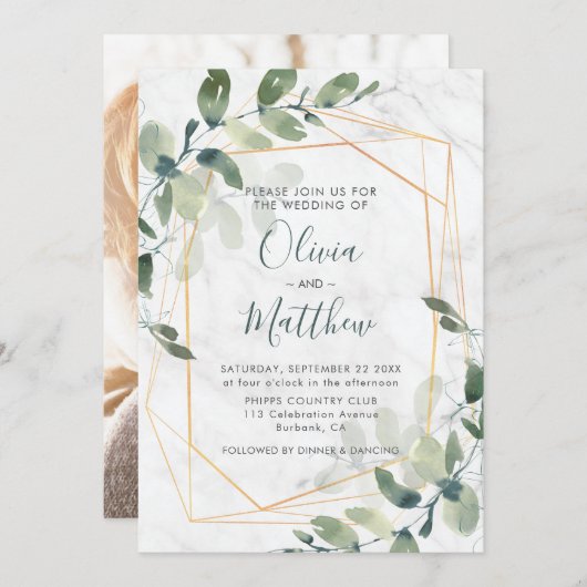 Marble Geometric Gold Eukalyptus Foto Wedding Einladung (Vorne/Hinten)