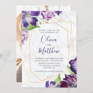 Marble Geometric Gold Lila Tulips Foto Hochzeit Einladung