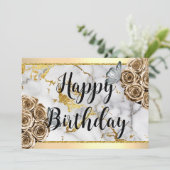Marble Gold Rose Butterfly Happy Birthday Einladung (Stehend Vorderseite)