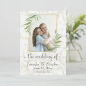 Marble Greenery Gold Geometric Foto Wedding Einladung (Stehend Vorderseite)