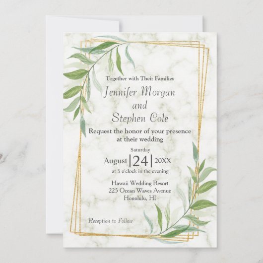 Marble Greenery Gold Geometric Foto Wedding Einladung (Rückseite)