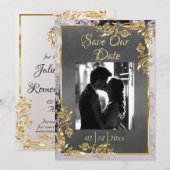 Marble & Grey, Gold Frame, Gold Heart Save The Date (Vorne/Hinten)