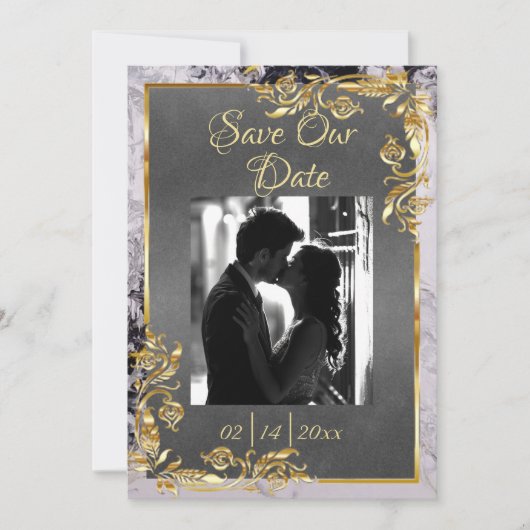 Marble & Grey, Gold Frame, Silver Heart Save The Date (Vorderseite)