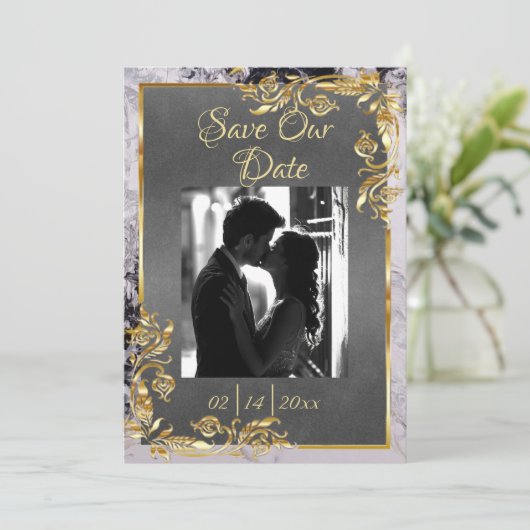 Marble & Grey, Gold Frame, Silver Heart Save The Date (Stehend Vorderseite)