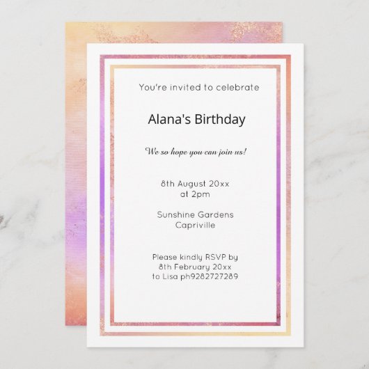 MARBLE LILA GOLD TRIM GEBURTSTAGLICHE EINLADUNG (Vorne/Hinten)