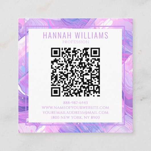 Marble Lila Pink Agate QR Code Girly Trendy Quadratische Visitenkarte (Rückseite)