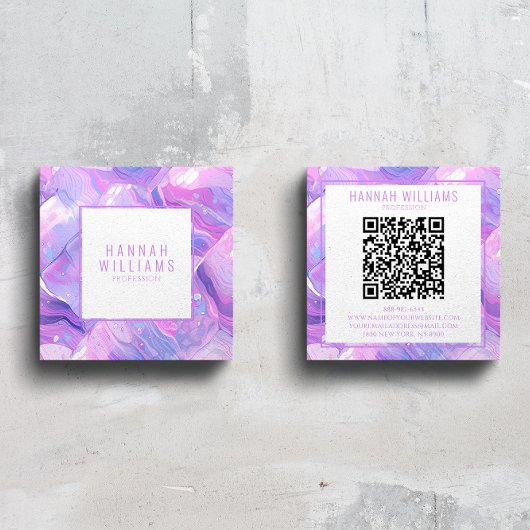 Marble Lila Pink Agate QR Code Girly Trendy Quadratische Visitenkarte