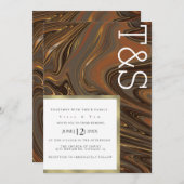 Marble Liquid Brown Gold Typografy Wedding Einladung (Vorne/Hinten)