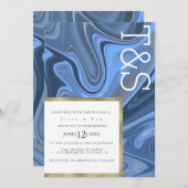 Marble Liquid Navy Blue Gold Typografy Wedding Einladung (Vorne/Hinten)