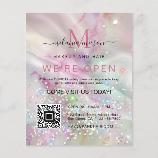 Marble Makeup Artist Holographic Glitzer QR Code Flyer (Hinten)