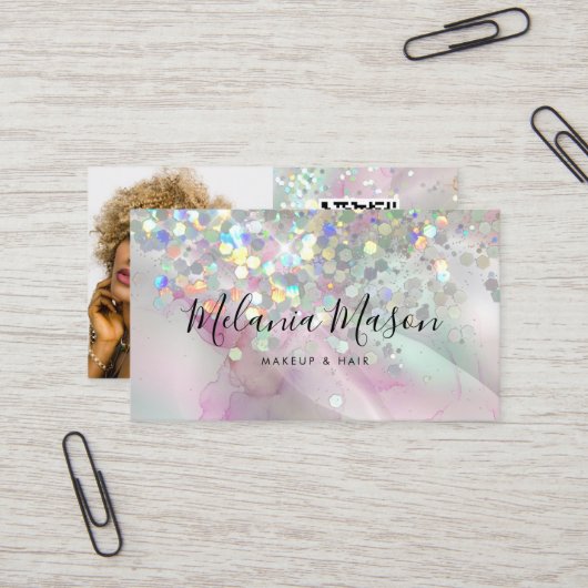 Marble Makeup Artist Holographic Glitzer QR Code Visitenkarte (Vorderseite/Rückseite Beispiel)