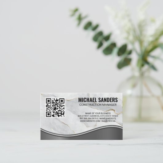 Marble Metallic Wave | QR-Code Visitenkarte (Stehend Vorderseite)