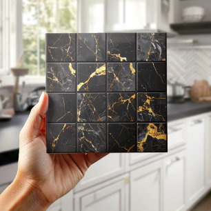Marble Mix 4x4 Quadrate Schwarz/Gold ID1186b Fliese