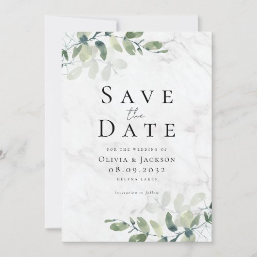 Marble Modern Eukalyptus Typografy Wedding Save The Date (Vorderseite)