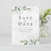 Marble Modern Eukalyptus Typografy Wedding Save The Date (Stehend Vorderseite)