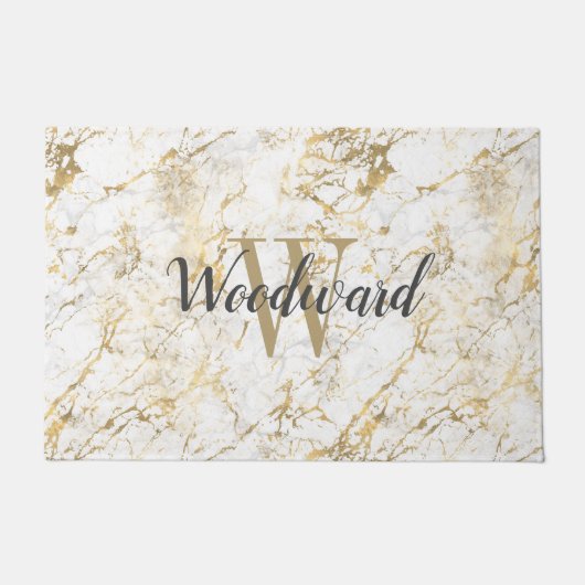 Marble Monogram Gold White Script Personalisiert Fußmatte (Vorderseite)