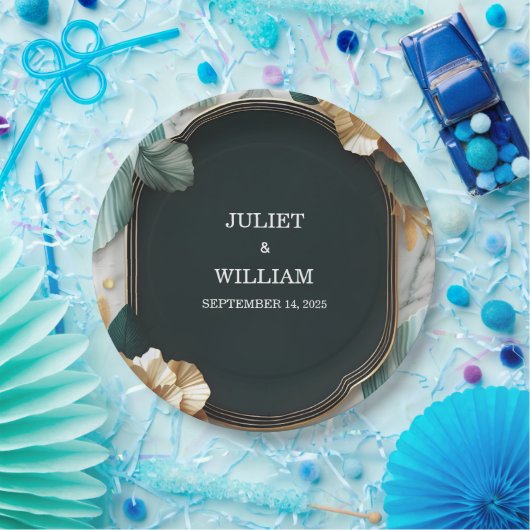 Marble Monstera Emerald Green and Gold Wedding Pappteller (Party)