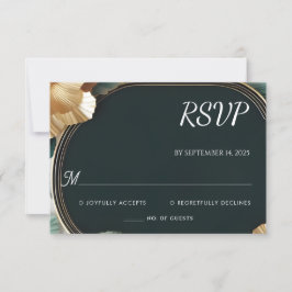 Marble Monstera Emerald Green and Gold Wedding RSVP Karte