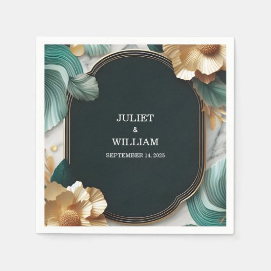 Marble Monstera Emerald Green and Gold Wedding Serviette (Vorderseite)