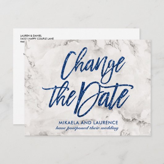 Marble Navy Blue Glitzer Skript ändern das Datum Ankündigungspostkarte (Vorne/Hinten)