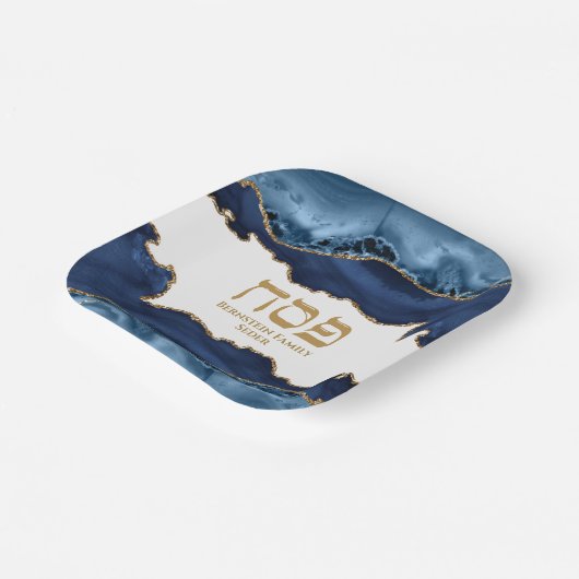 Marble Navy Blue und Gold Hebrew Pesach Sameach Pappteller (Gewinkelt)