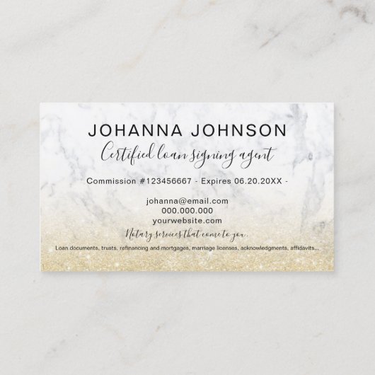 Marble Notary Lending chic Gold Glitzer Typografie Visitenkarte (Rückseite)