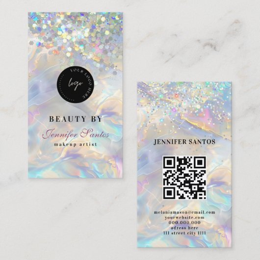 Marble Opal Holographic Glitzer QR Code Visitenkarte (Vorne/Hinten)