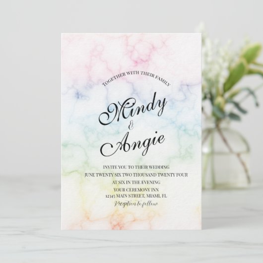 Marble Rainbow Gay Script Wedding Einladung (Stehend Vorderseite)