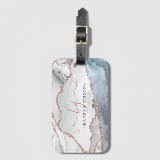 Marble Rose Gold Glitzer Aquamarines Script Monogr Gepäckanhänger (Vorderseite Vertikal)