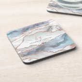 Marble Rose Gold Glitzer Aquamarines Script Monogr Getränkeuntersetzer (Linke Seite)