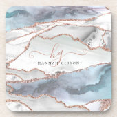 Marble Rose Gold Glitzer Aquamarines Script Monogr Getränkeuntersetzer (Vorderseite)
