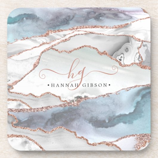 Marble Rose Gold Glitzer Aquamarines Script Monogr Getränkeuntersetzer (Vorderseite)