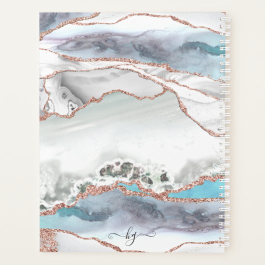 Marble Rose Gold Glitzer Aquamarines Script Monogr Planer (Rückseite)