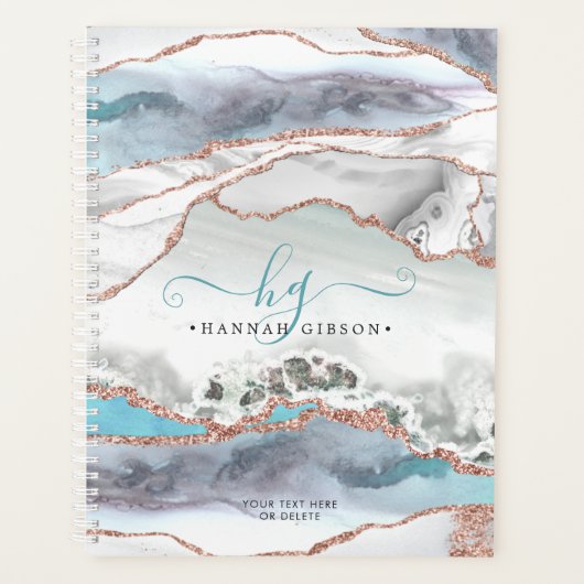 Marble Rose Gold Glitzer Aquamarines Script Monogr Planer (Vorderseite)